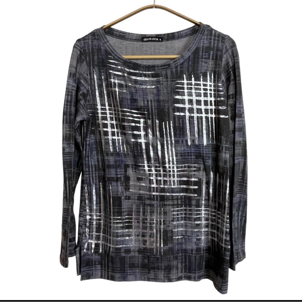 David Cline Silver Metallic Grid Long Sleeve Top Sz L NWT